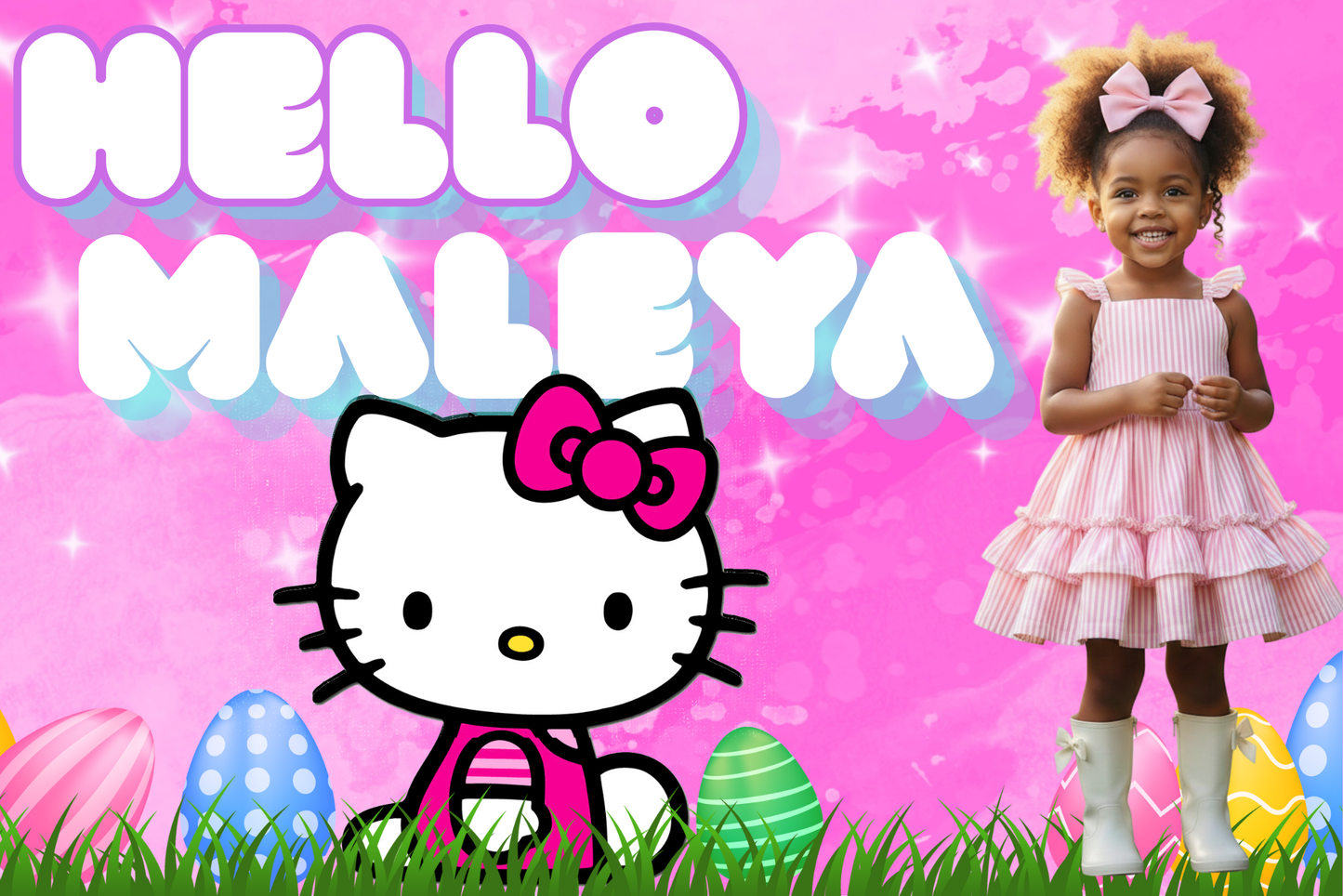 Editable Hello Kitty Easter Microwave Template | 15x8 | Pink Easter Hello Kitty Template | Kids Photo Microwave Design | Canva Editable