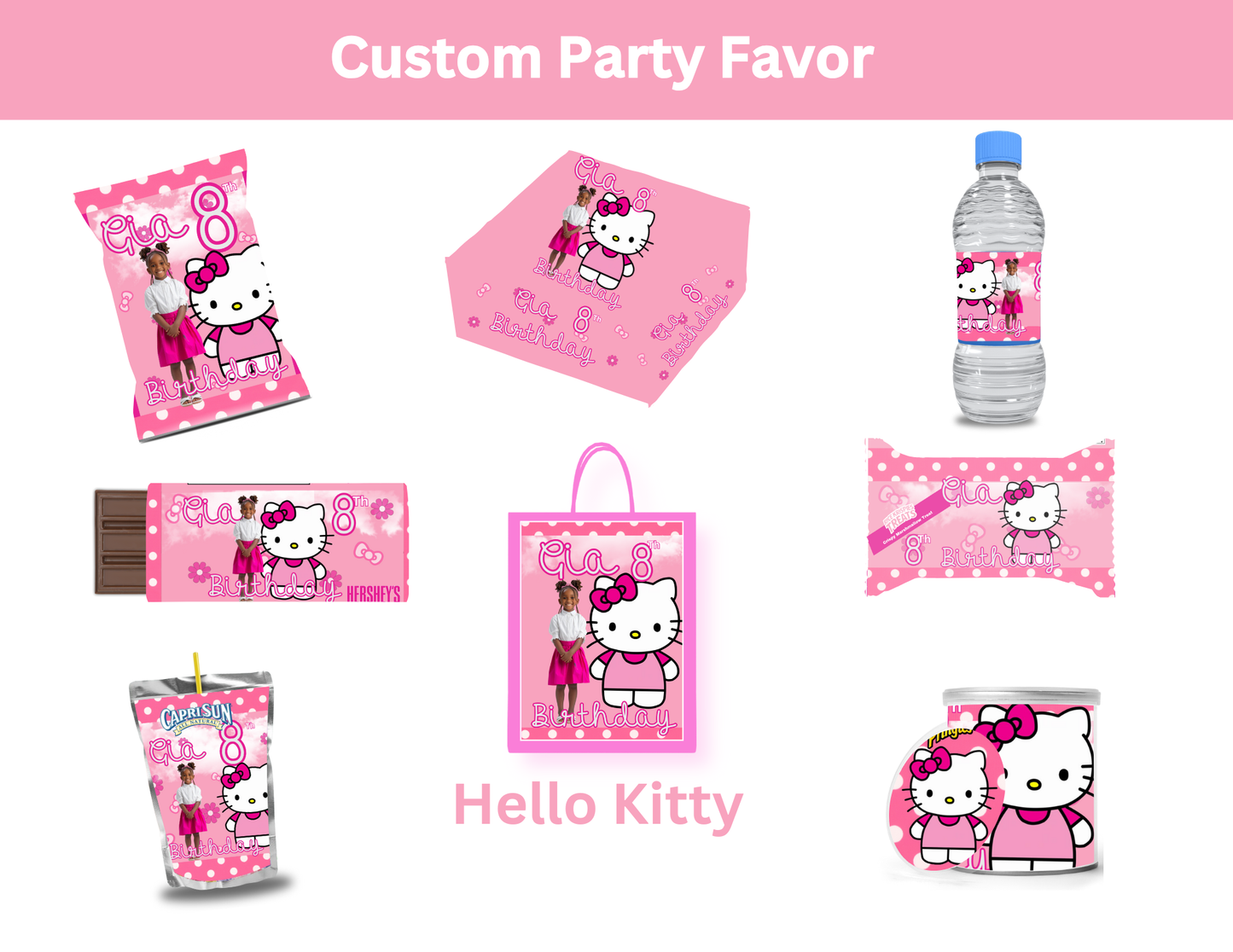 Editable Hello Kitty Birthday Party Favor Template & Mockup Bundle – Pink Polka Dot Theme | Instant Download