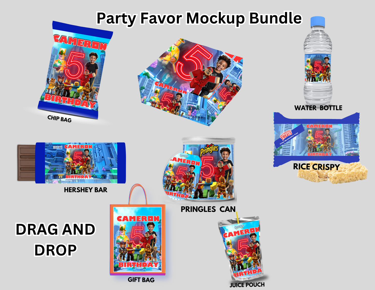 Editable Roblox Birthday Party Favor Template & Mockup Bundle – Custom Photo Party Set | Instant Download