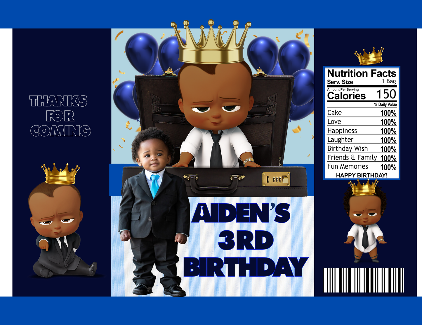 Editable Boss Baby Birthday Party Favor Template & Mockup Bundle – Blue & Gold Theme | Custom Photo Party Set | Instant Download