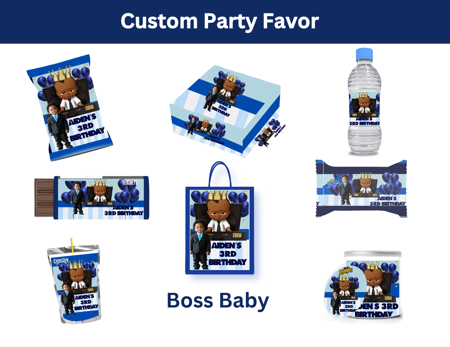 Editable Boss Baby Birthday Party Favor Template & Mockup Bundle – Blue & Gold Theme | Custom Photo Party Set | Instant Download