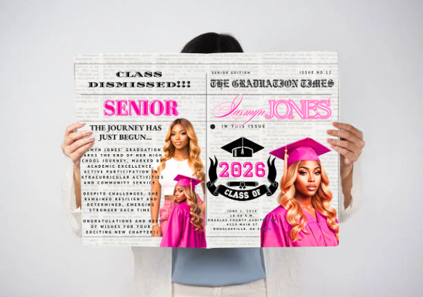 Editable 2026 Graduation Newspaper Template | Custom Grad Announcement Canva Template | Senior Magazine Style Grad Design + Mockup