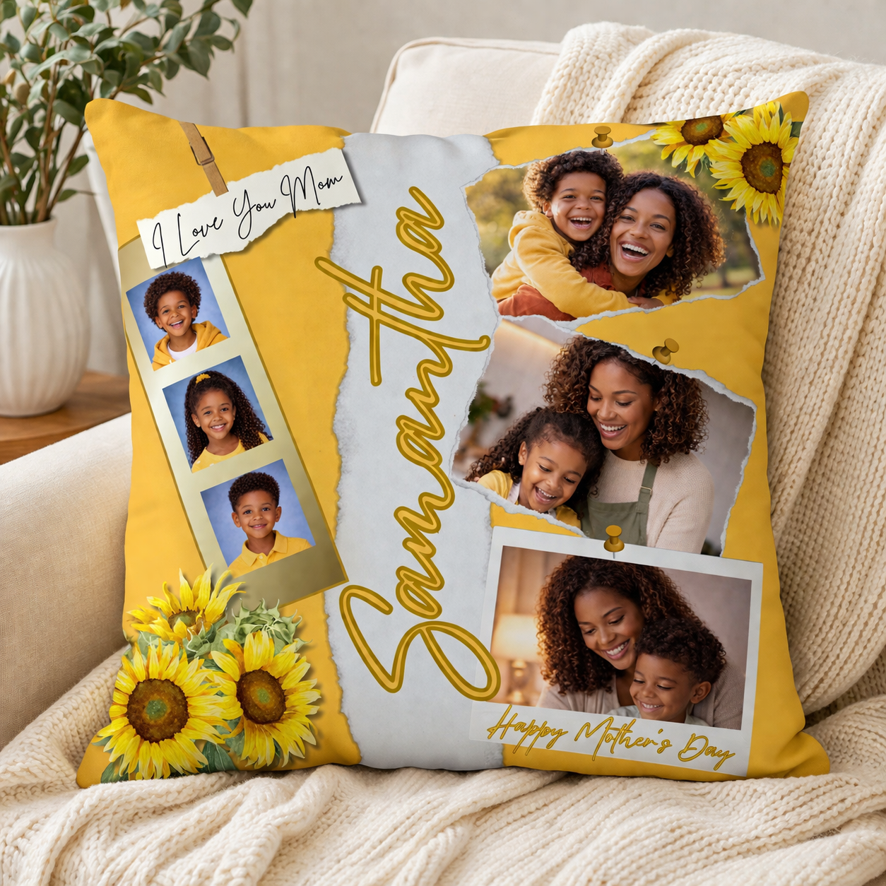 Mother’s Day Sunflower Photo Collage Pillow Template (Editable Canva Design)