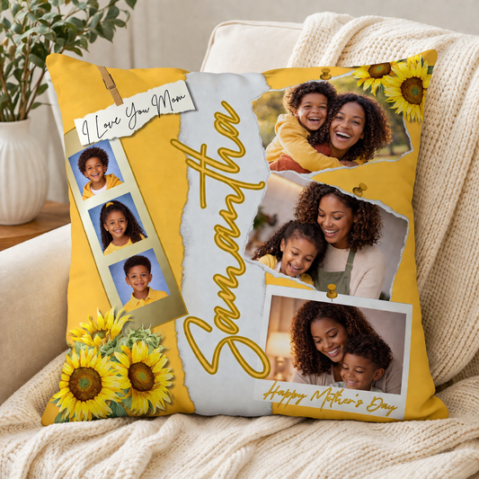 Mother’s Day Sunflower Photo Collage Pillow Template (Editable Canva Design)